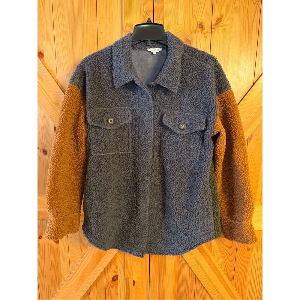 Mystree Men’s Gray Brown Green Button Front  Sherpa Jacket Size Medium (7372)